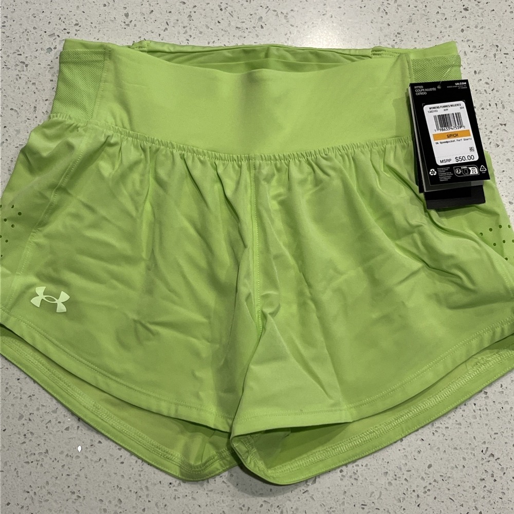 UNDER ARMOUR WOMEN'S Small LAUNCH PERF SPEEDPOCKET 3" SHORTS Green # 1383163-NWT